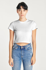 Obraz premium Png women's white crop top with high waisted jeans