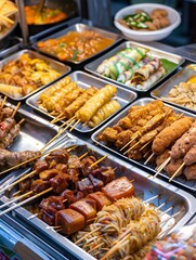 Variety of traditional Taiwanese street food displayed at Raohe Night Market in Taipei.