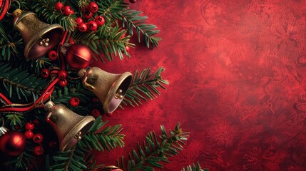 Vintage Christmas bells and tree decoration with red copy space