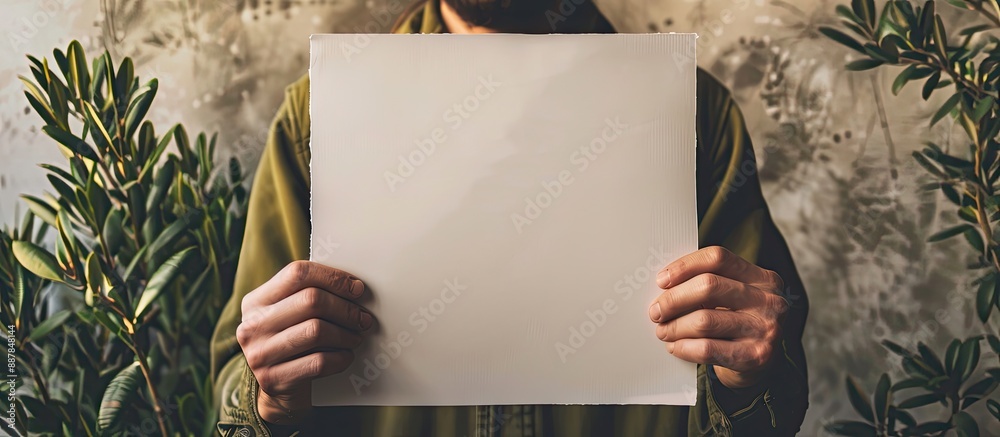Fototapete Top view of a man holding a blank sheet of paper against an olive background for design purposes creating a mockup with copy space image