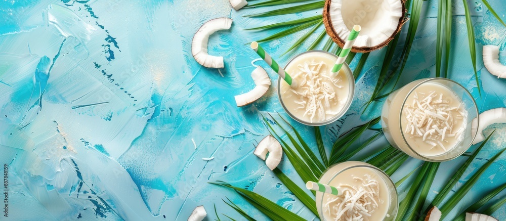Poster white tropical cocktail made with coconut milk served in glasses with straws on a blue background ad