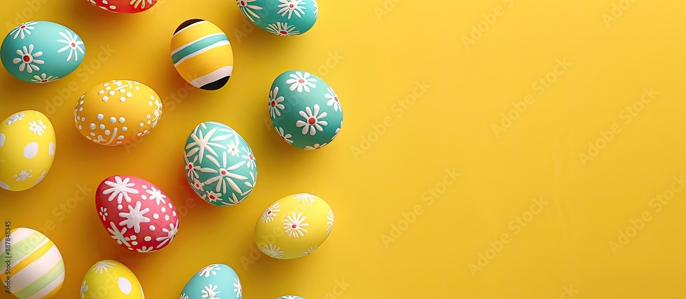 Poster colorful easter eggs arranged on a vibrant yellow backdrop displayed in a flat lay style with ample 