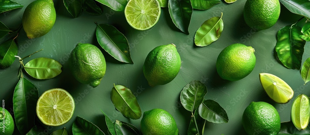 Poster a flat lay arrangement including vibrant limes and leaves on a green backdrop with room for text in 