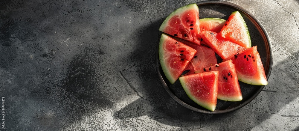Poster top down view of fresh watermelon slices on a dark plate against a concrete backdrop with sunlight c