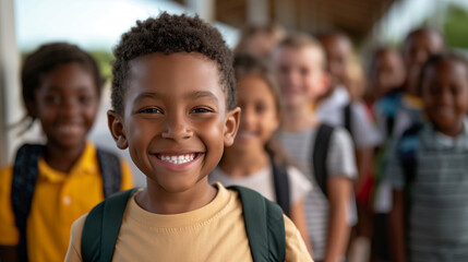 happy latin american boy child with school friends smiling  back to school