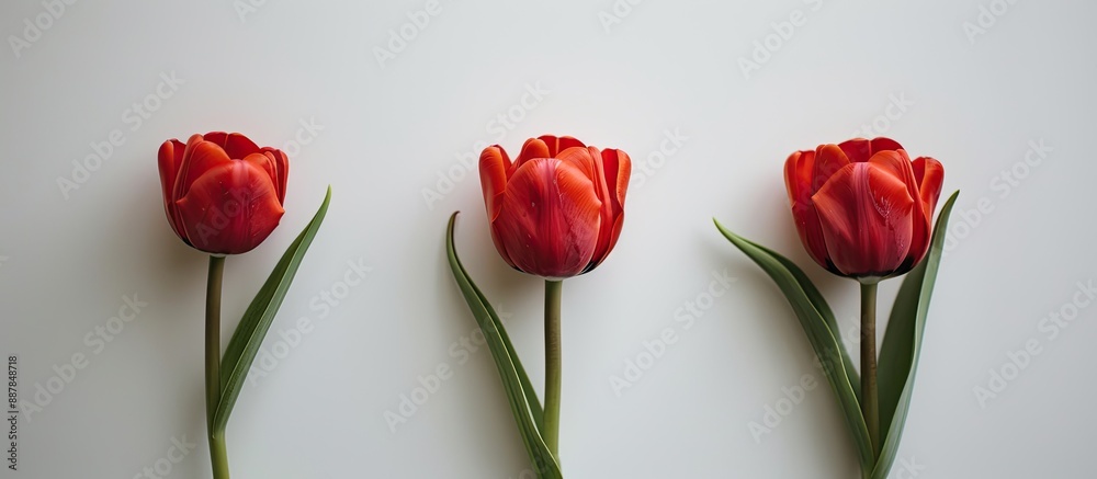 Poster three vibrant red tulips set against a white backdrop with space for text centered on the middle tul