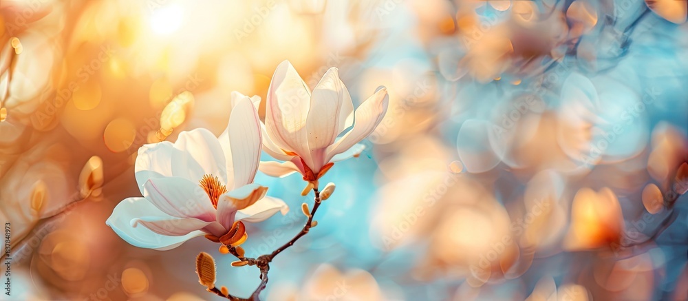 Aufkleber Sunny spring day captures a colorful picture of a white magnolia blossom outdoors with a blurred backdrop ideal for adding text in copy space image