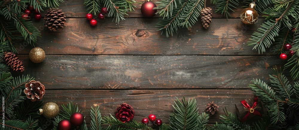 Poster christmas themed greeting card with spruce branches festive ornaments and toys depicted on a rustic 
