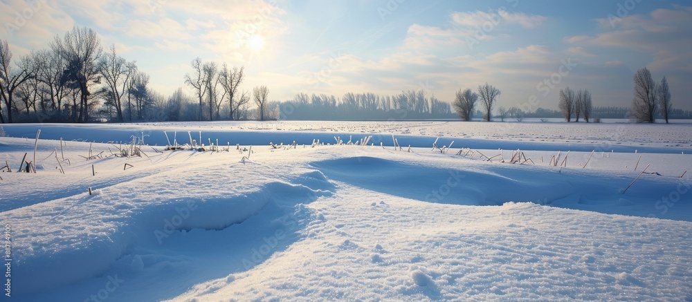 Poster Winter landscape with a snowdrift on a snow covered field creating a serene scene with copy space image