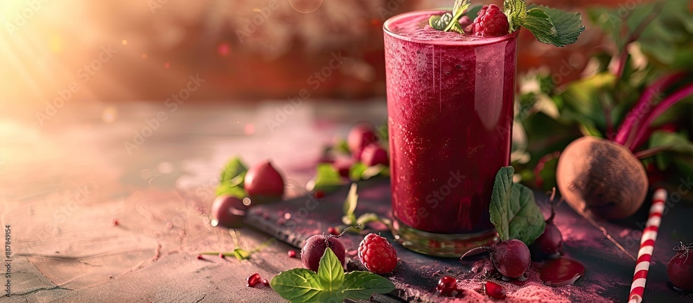 Poster beet smoothie with fresh vegetable juice ideal for detox and vegetarian diets set against a vibrant 