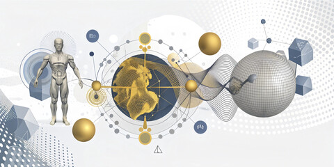 Obraz premium A modern, abstract wireframe design with golden geometric shapes and a world globe at the center, symbolizing global connectivity and innovation