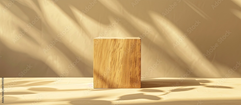 Aufkleber a simple wooden cube with shadows leaves on beige backdrop ideal for product presentations or cosmet