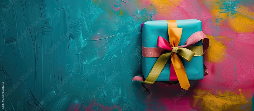 Poster A holiday gift beautifully wrapped in paper with a colorful ribbon displayed on a vibrant table from a top view with empty space for text or images. with copy space image