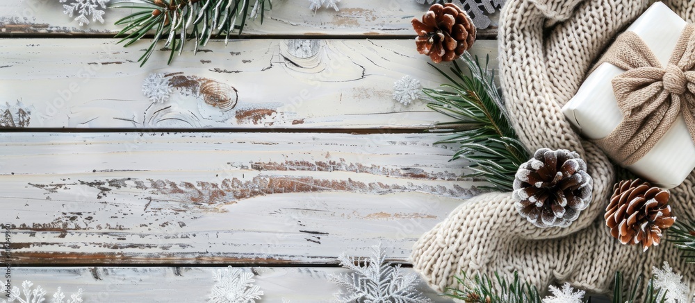 Aufkleber a festive christmas arrangement with a gift cozy knitted blanket pine cones and fir branches on a ru