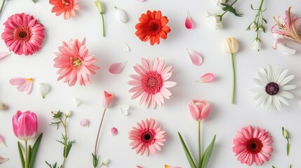 Top view of spring flowers on white background