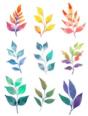 Set of minimal watercolor leaves vectors