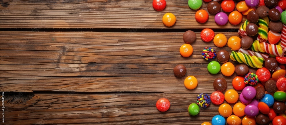 Aufkleber colorful candies displayed on a brown wooden surface for halloween in an overhead view creating a vi