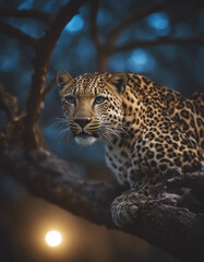 Fototapeta premium A leopard perched on a tree branch, moonlit night 