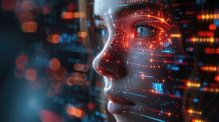 Close-up of a human face with futuristic digital interface elements overlaying, symbolizing the interaction between technology and humanity.