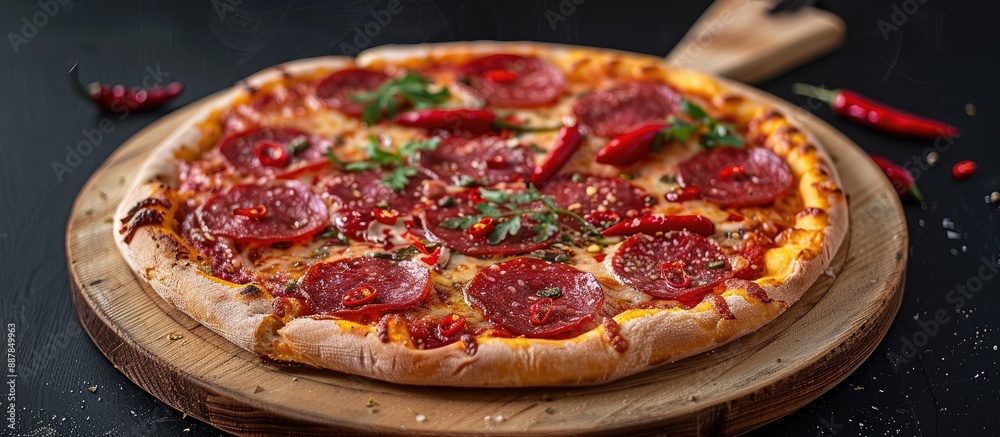 Aufkleber an authentic italian dish featuring a pepperoni pizza garnished with salami slices and red chili pep