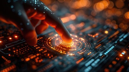 Finger touching a futuristic, illuminated digital interface with glowing circuits and neon lights, representing advanced technology and innovation.