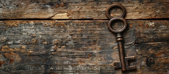 Ancient key resting on a rustic wooden table with copy space image available