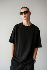 Obraz premium a man is standing in a white room, the background is white, the man is waring a black oversized fit t-shirt, 