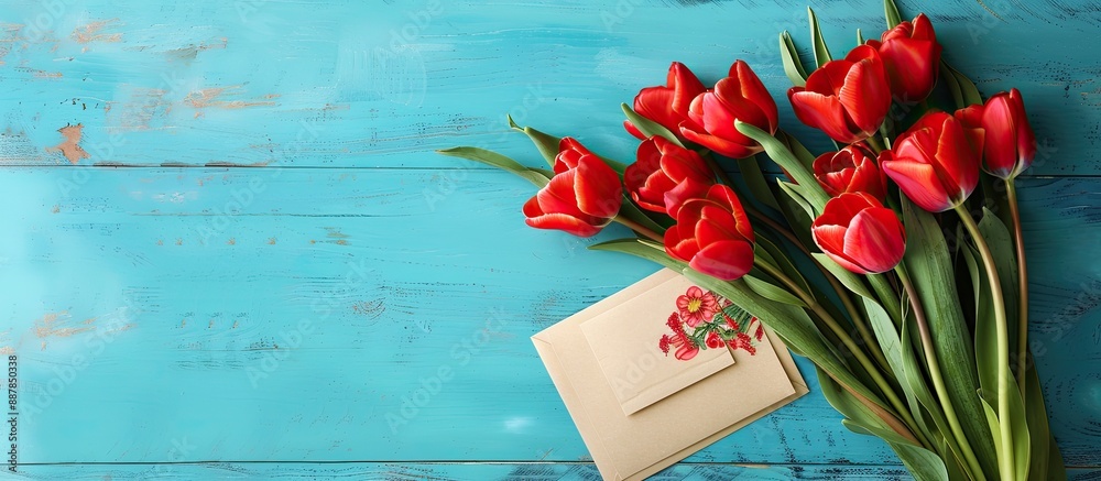 Poster mother s day greeting gift design featuring red tulip bouquet and card on a vibrant blue table setti