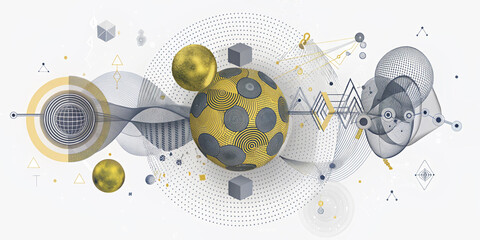 Obraz premium A modern, abstract wireframe design with golden geometric shapes and a world globe at the center, symbolizing global connectivity and innovation