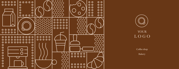 Hand drawn illustration of Bakery and Coffee. Icons. Abstract geometric line background. Gold luxury. Pattern for cover design, food package, menu, background, café wall, coffee shop, web banner