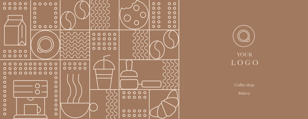 Hand drawn illustration of Bakery and Coffee. Icons. Abstract geometric line background. Gold luxury. Pattern for cover design, food package, menu, background, café wall, coffee shop, web banner