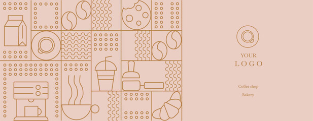 Hand drawn illustration of Bakery and Coffee. Icons. Abstract geometric line background. Gold luxury. Pattern for cover design, food package, menu, background, café wall, coffee shop, web banner