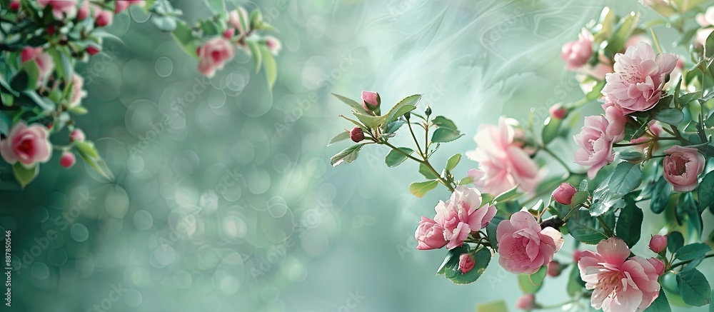 Aufkleber Spring garden vibes with pink blooming flowers and a green leafy haze in the background perfect as a copy space image