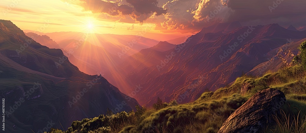 Poster dramatic beauty of a high mountain landscape at evening with a stunning view of the world showcasing