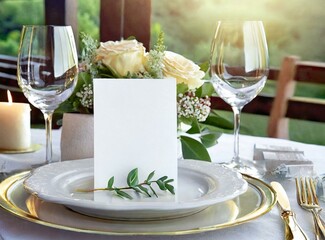 White reservation card on restaurant table blank mockup design closeup