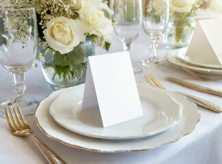White reservation card on restaurant table blank mockup design closeup