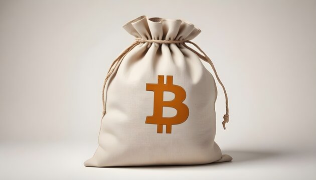 A beige cloth bag marked with the BTC Bitcoin logo representing a Bitcoin Wallet a white background