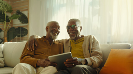 Two black elderly men are sitting on the couch, smiling and holding a tablet in their hands. A happy married gay couple is watching a movie on a tablet in their cozy living room
