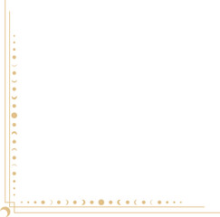 Line golden frame, celestiam minimal esoteric border, mystyc linear decoration with dots, corners isolated on dark background. Geometric shape, tarrot 