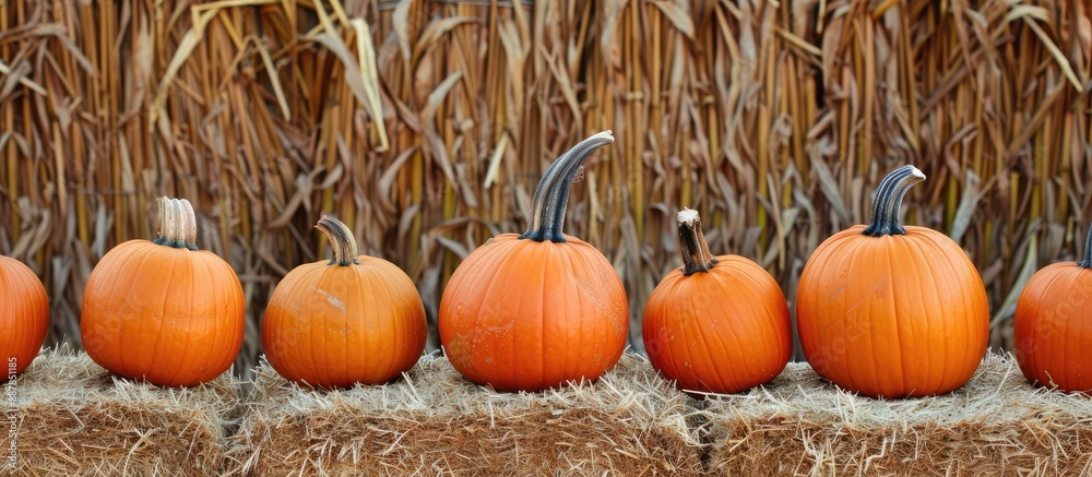 Poster autumn pumpkins arranged on hay bales at a festival in a pumpkin patch with available copy space ima