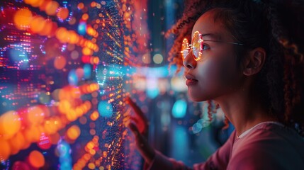 Young professional analyzing futuristic digital interface with glowing data streams, highlighting innovation and technology in a vibrant environment.