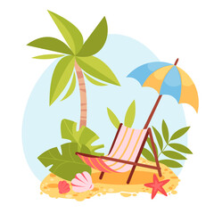 Tropical Beach Chair Summer Vacation Scene Cartoon. Chaise Lounge or Deck Chair, Palm Tree and Umbrella from Sun on Seascape. Tropical leaves, seashells, sand and starfish. Vector Illustration. 