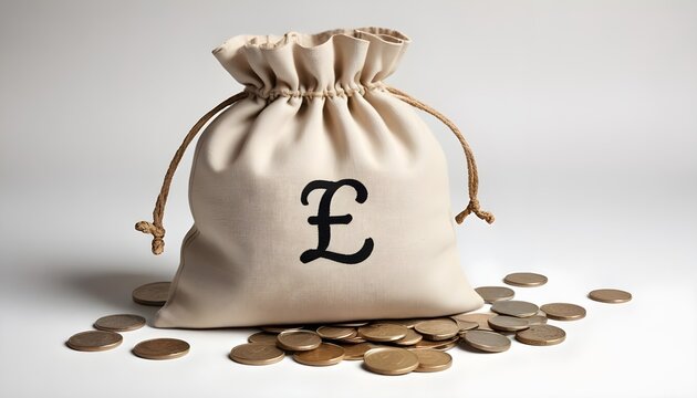 A beige cloth bag marked with the GBP Sterling logo filled with various coins on a white background