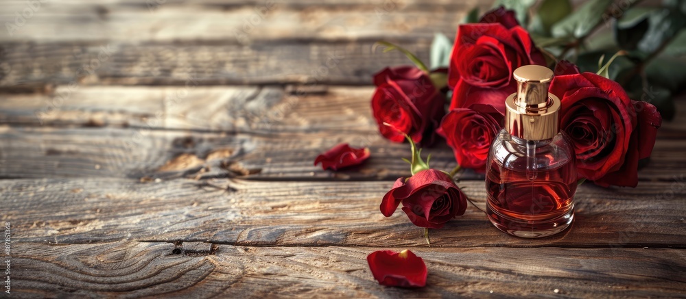 Aufkleber a wooden background showcases fresh red roses and a perfume bottle embodying a spa and aromatherapy 