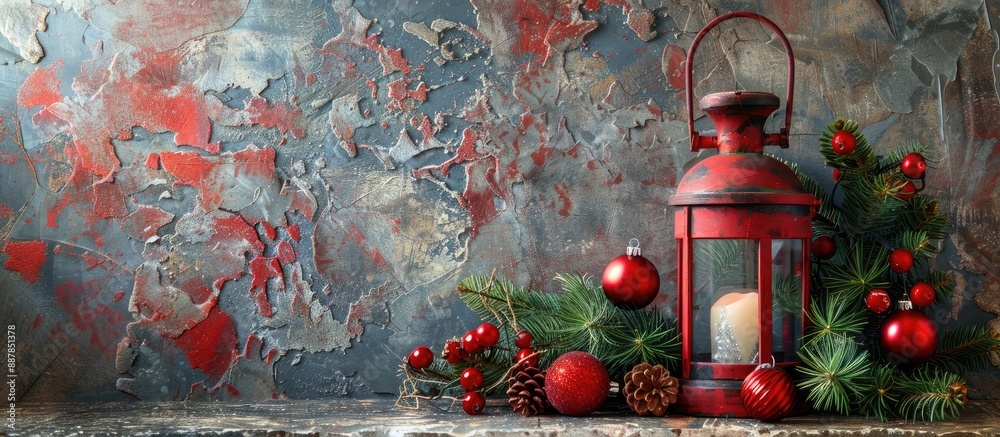 Poster festive christmas decor featuring a red lantern bauble and fir tree on a rustic stone table with a t