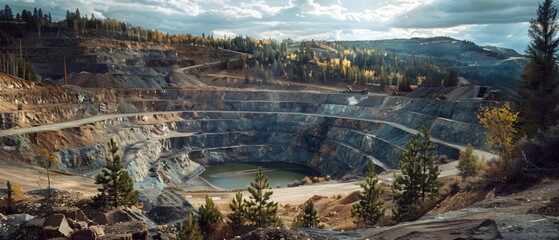Open pit mine reveals layers of rock and pollution under a dramatic sky, highlighting environmental damage caused by mining