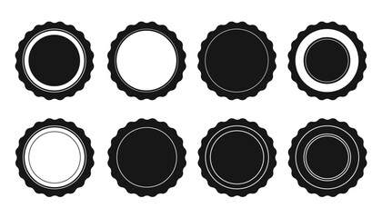 Eight black and white circular seal icon designs with wavy edges.