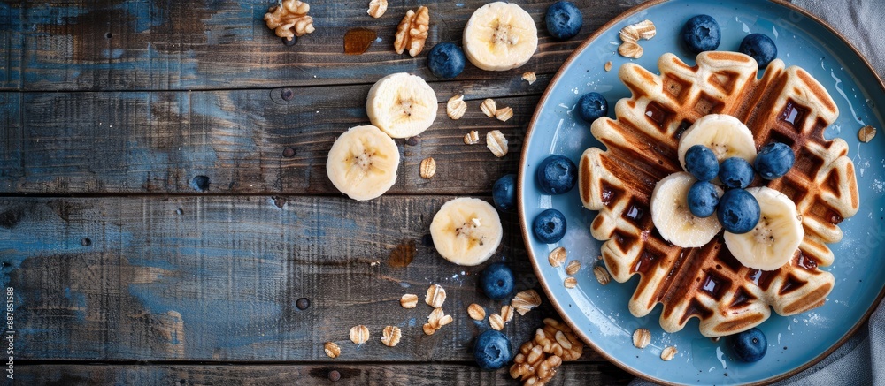 Poster a healthy breakfast diet recipe featuring oatmeal belgian waffles garnished with sliced banana and b