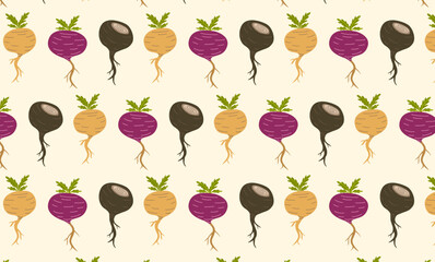 Maca plant pattern. Healthy root vegetable. Natural remedy. Peruvian ginseng illustration. Red, yellow and black vegetable. Botany wallpaper on beige background. 