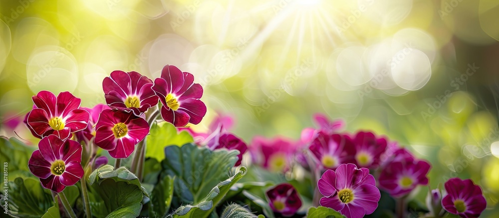 Aufkleber Burgundy primrose blooms on blurred backdrop perfect for copy space image in spring